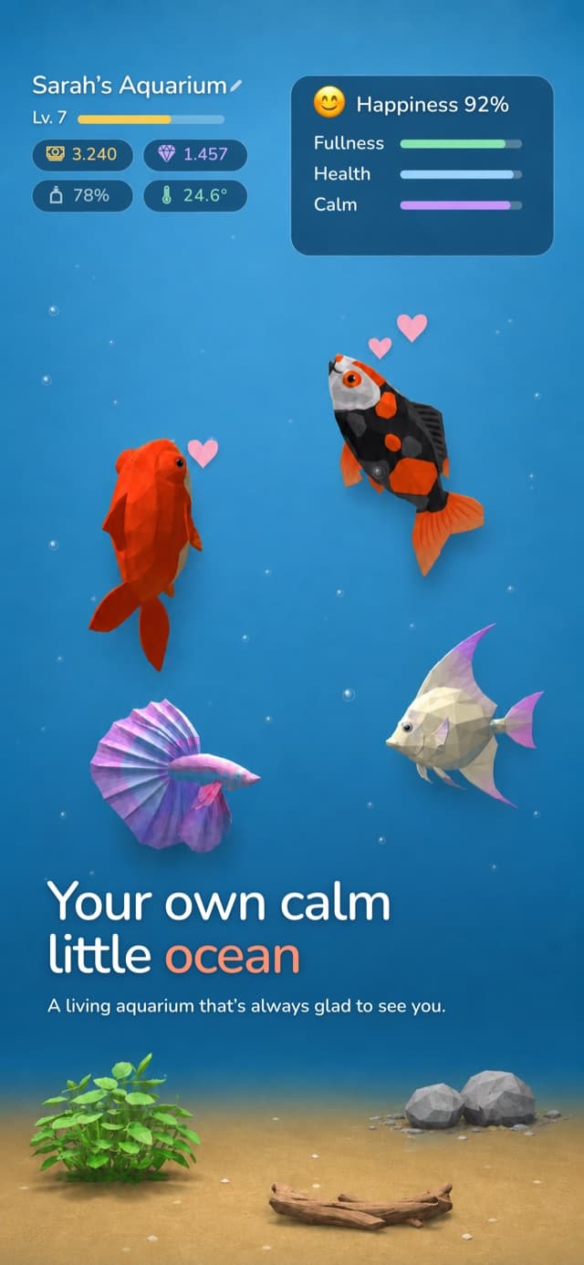 Aquary main aquarium screen with fish, care values, and the happiness card
