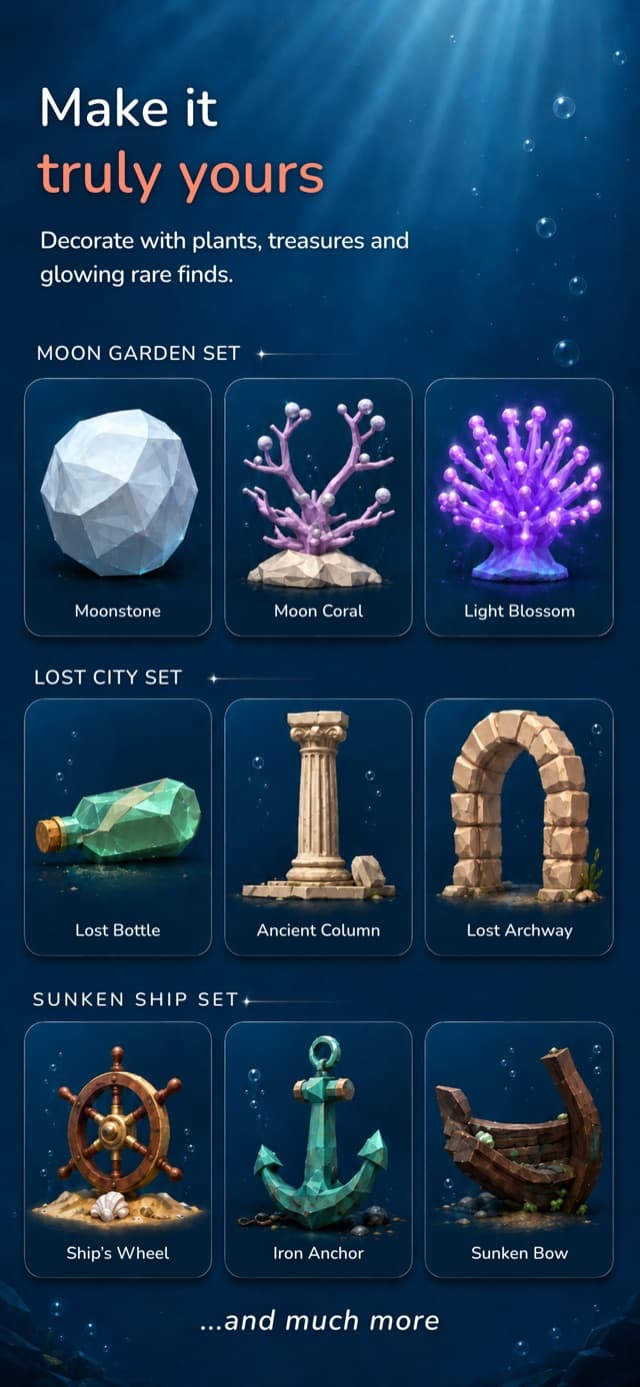 Decoration collection: Moon Garden, Lost City, and Sunken Ship sets